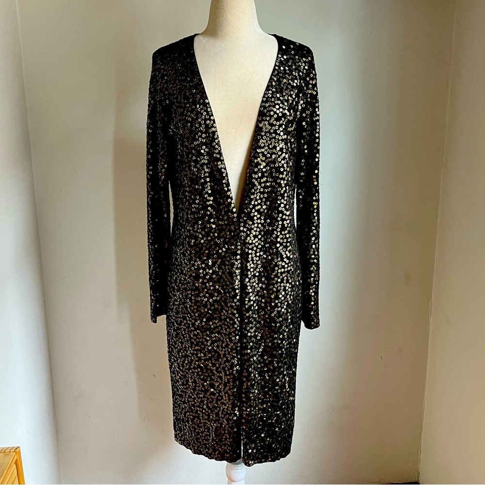 Carmen Marc Valvo collection gold black sequin sweater coat, S
